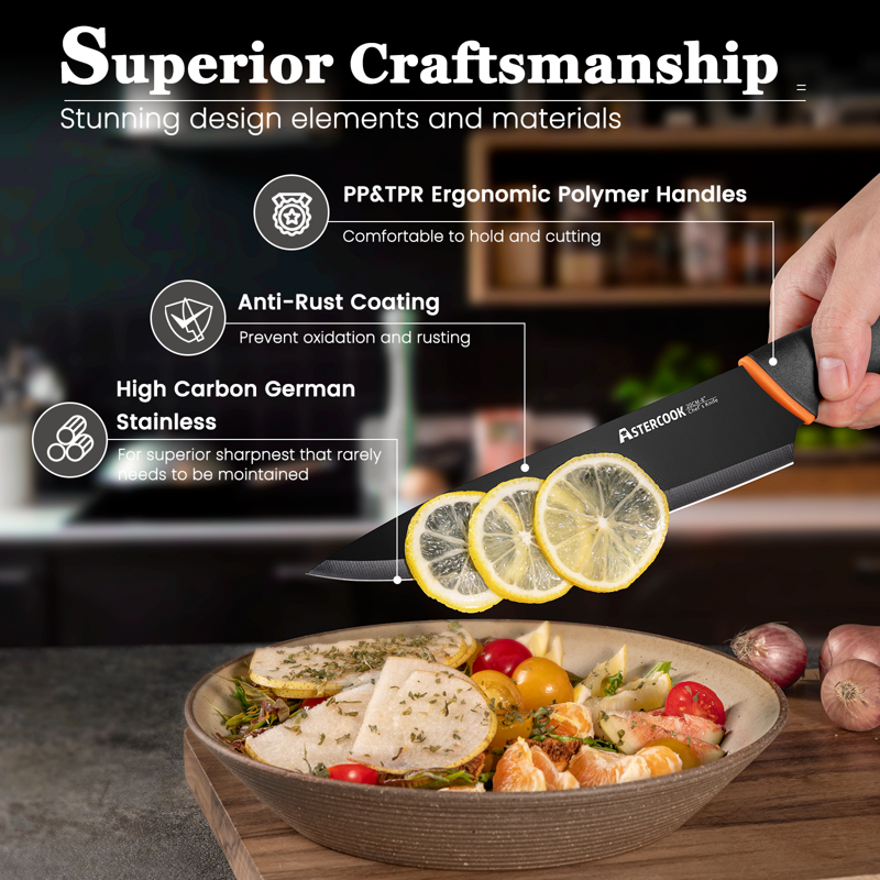 Astercook 14-Piece Kitchen Knife Set With Block High Carbon German Stainless Steel Built-in Sharpener Dishwasher Safe Black