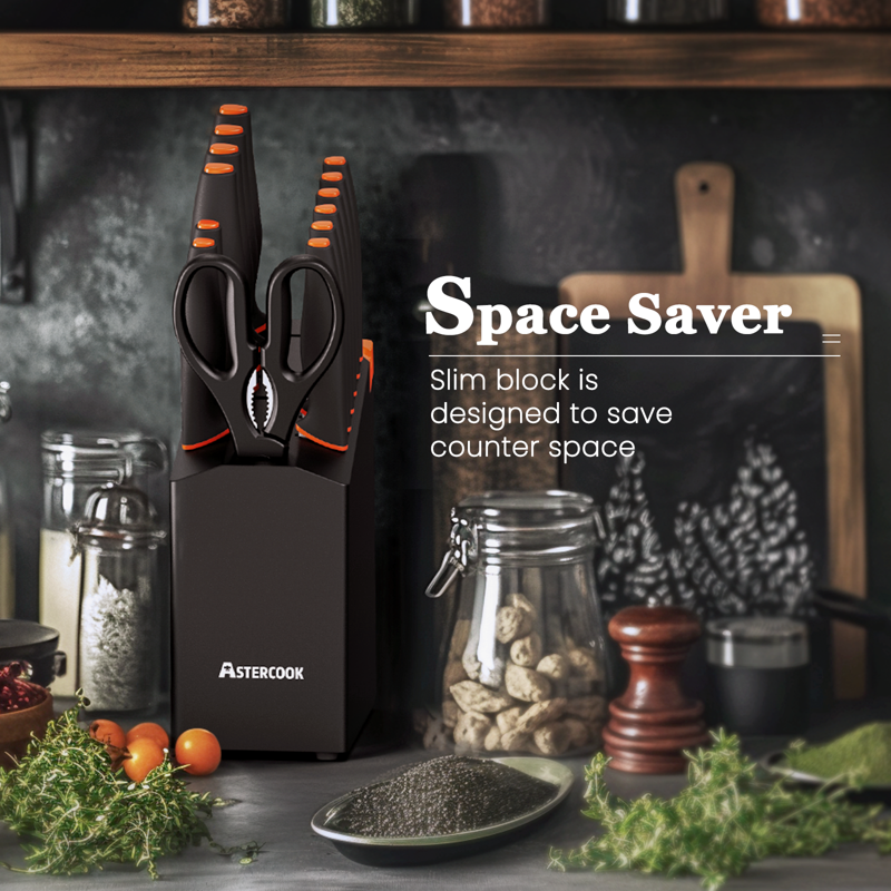 Astercook 14-Piece Kitchen Knife Set With Block High Carbon German Stainless Steel Built-in Sharpener Dishwasher Safe Black
