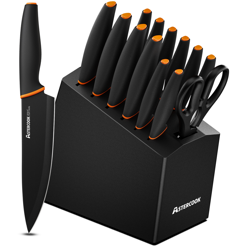 Astercook 14-Piece Kitchen Knife Set with Block High Carbon German Stainless Steel Built-in Sharpener Dishwasher Safe Black