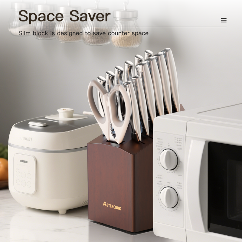 Astercook 14-Piece Knife Set Full Tang Kitchen Knife Sets With Block And Built-in Sharpener German Stainless Steel Knives Block Sets Dishwasher Safe