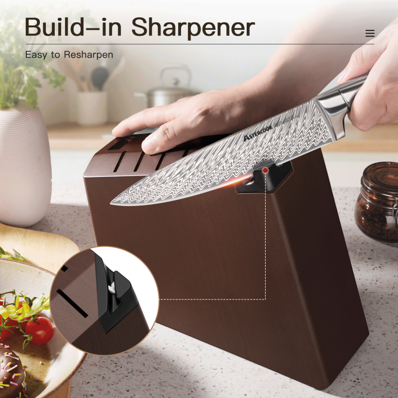 Astercook 14-Piece Knife Set Full Tang Kitchen Knife Sets With Block And Built-in Sharpener German Stainless Steel Knives Block Sets Dishwasher Safe