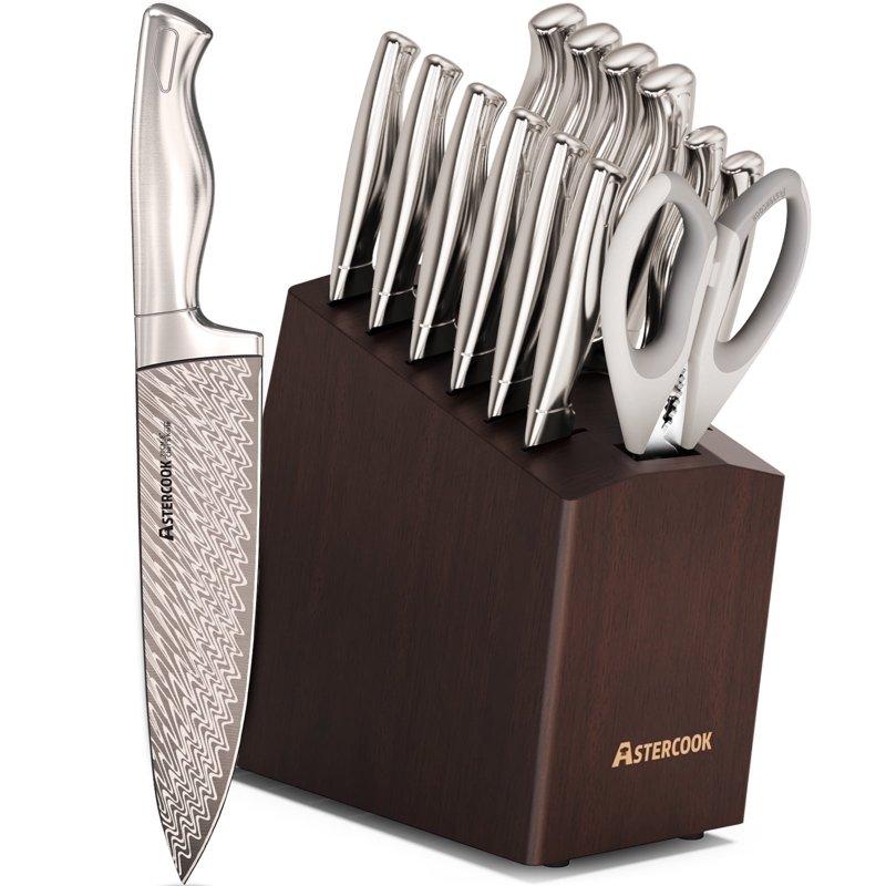 Astercook 14-Piece Knife Set Full Tang Kitchen Knife Sets with Block and Built-in Sharpener German Stainless Steel Knives Block Sets Dishwasher Safe