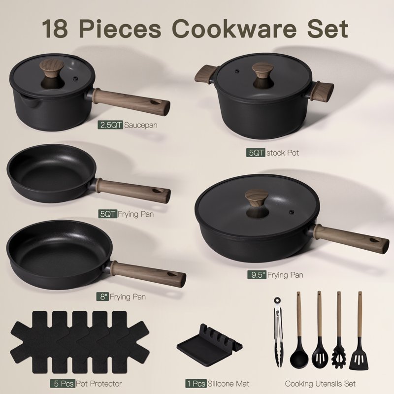 Astercook 18-Piece Pots And Pans Set Nonstick Cookware Set With Elegant Wooden Handle Oven Safe To 480°F Induction Compatible Kitchen Cooking Set For RV Trips Camping And Picnic Black