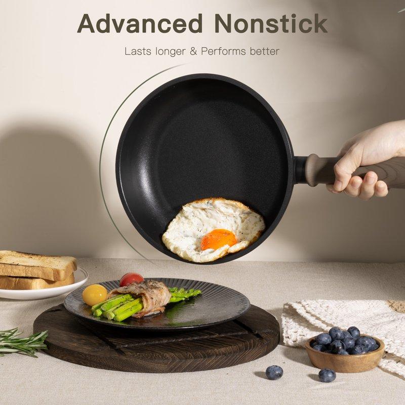 Astercook 18-Piece Pots And Pans Set Nonstick Cookware Set With Elegant Wooden Handle Oven Safe To 480°F Induction Compatible Kitchen Cooking Set For RV Trips Camping And Picnic Black