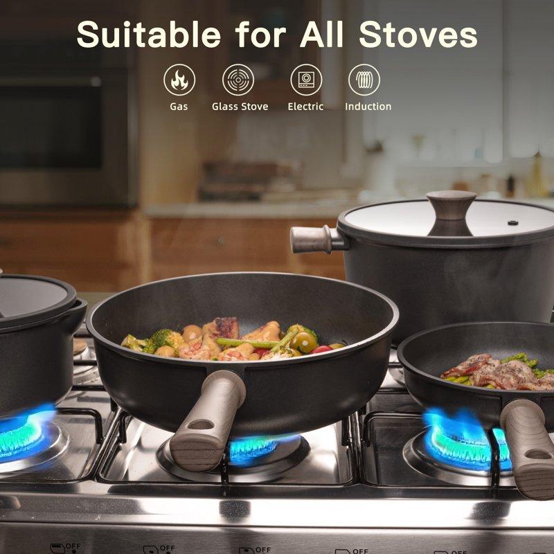 Astercook 18-Piece Pots And Pans Set Nonstick Cookware Set With Elegant Wooden Handle Oven Safe To 480°F Induction Compatible Kitchen Cooking Set For RV Trips Camping And Picnic Black