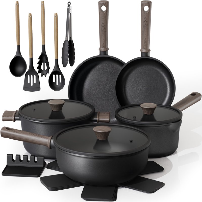 Astercook 18-Piece Pots and Pans Set Nonstick Cookware Set with Elegant Wooden Handle Oven Safe to 480°F Induction Compatible Kitchen Cooking Set for RV Trips Camping and Picnic Black