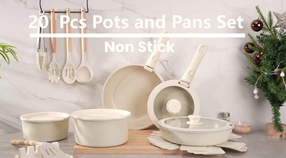 Astercook 20 Piece Pots And Pans Set Non Stick Cookware Set With Detachable Handle Oven Safe Induction Ready Stackable RV Kitchen Cooking Set Removable Handles Cream White