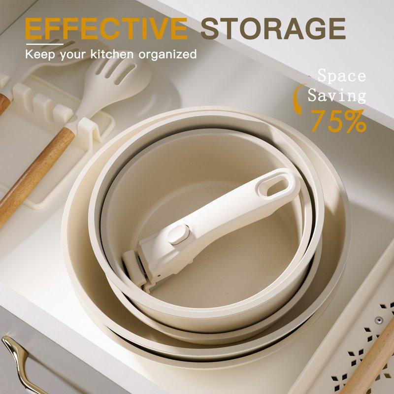 Astercook 20 Piece Pots And Pans Set Non Stick Cookware Set With Detachable Handle Oven Safe Induction Ready Stackable RV Kitchen Cooking Set Removable Handles Cream White