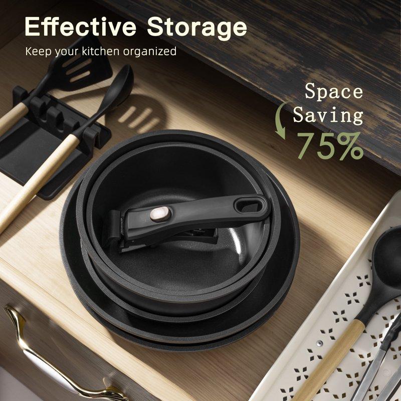 Astercook 20-Piece Pots And Pans Set Nonstick Cookware Set With Detachable Handles Oven & Dishwasher Safe Induction Compatible Stackable RV Kitchen Cooking Set Black