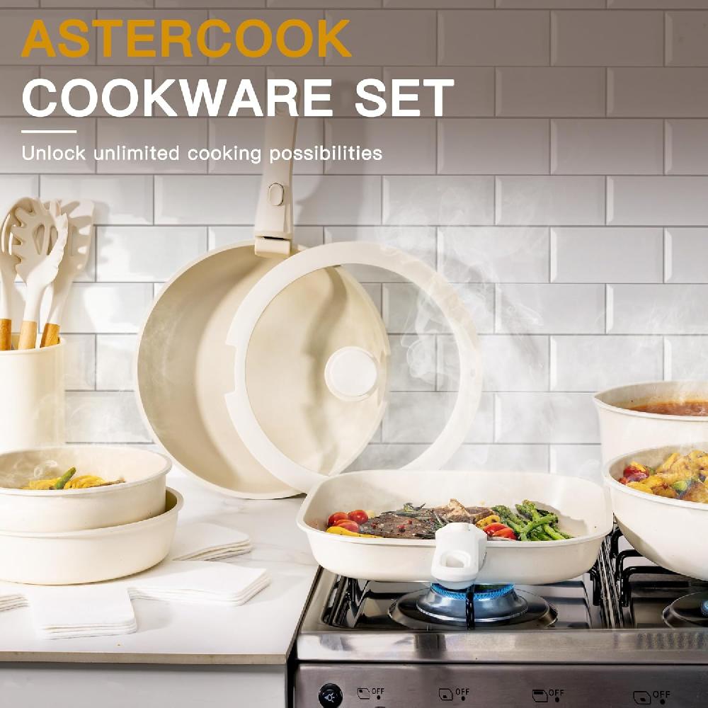 Astercook 22 Piece Ceramic Pots And Pans Set Non Stick Cookware Set With Detachable Handles Oven Safe Induction Ready Stackable RV Kitchen Cooking Set Cream White