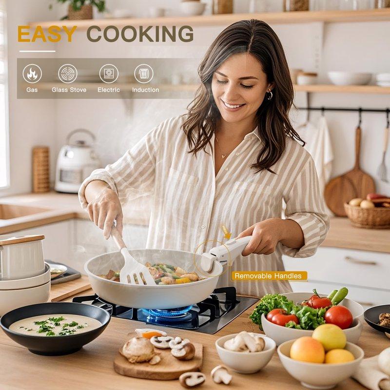 Astercook 22 Piece Ceramic Pots And Pans Set Non Stick Cookware Set With Detachable Handles Oven Safe Induction Ready Stackable RV Kitchen Cooking Set Cream White