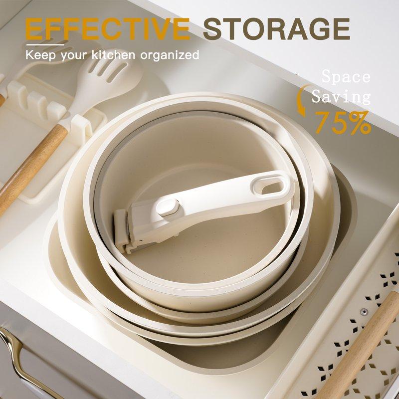 Astercook 22 Piece Ceramic Pots And Pans Set Non Stick Cookware Set With Detachable Handles Oven Safe Induction Ready Stackable RV Kitchen Cooking Set Cream White