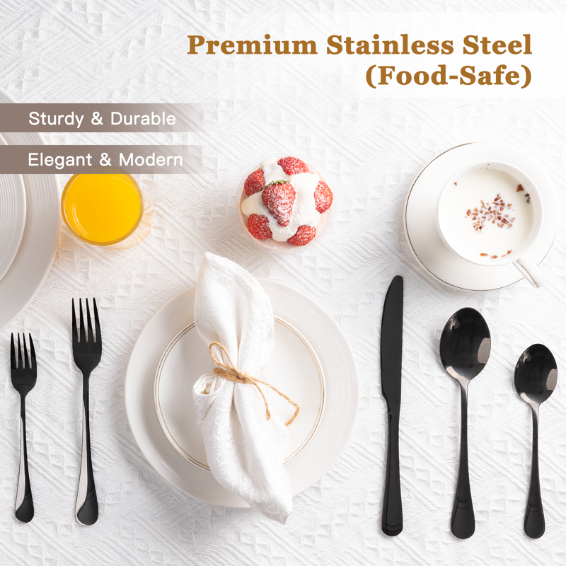 Astercook 25-Pieces Black Silverware Set With Steak Knives Black Flatware Set For 4 Food-Grade Stainless Steel Tableware Cutlery Set Eating Mirror Polished Utensil Set For Home Restaurant