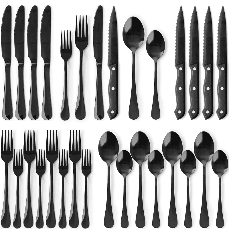 Astercook 25-Pieces Black Silverware Set with Steak Knives Black Flatware Set for 4 Food-Grade Stainless Steel Tableware Cutlery Set Eating Mirror Polished Utensil Set for Home Restaurant