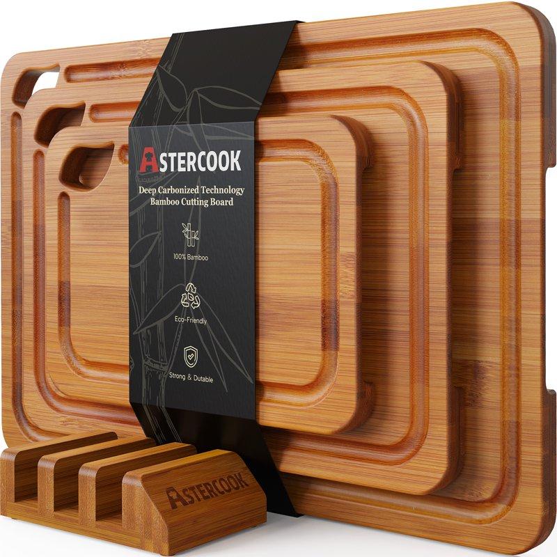 Astercook 4-Pieces Wood Cutting Board Bamboo Chopping Board for Kitchen with Holder Cutting Boards Set with Juice Groove and Handles Charcuterie Board for Chopping Meat Vegetables and Fruits