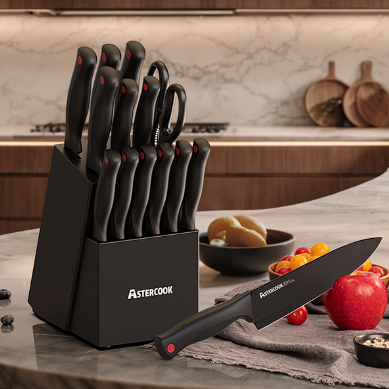 Astercook Kitchen Knife Set 14 Pcs Knives Block Set With Built-in Sharpener Healthy Anti-Rust Coating & German Stainless Steel Knife Set Dishwasher Safe Black