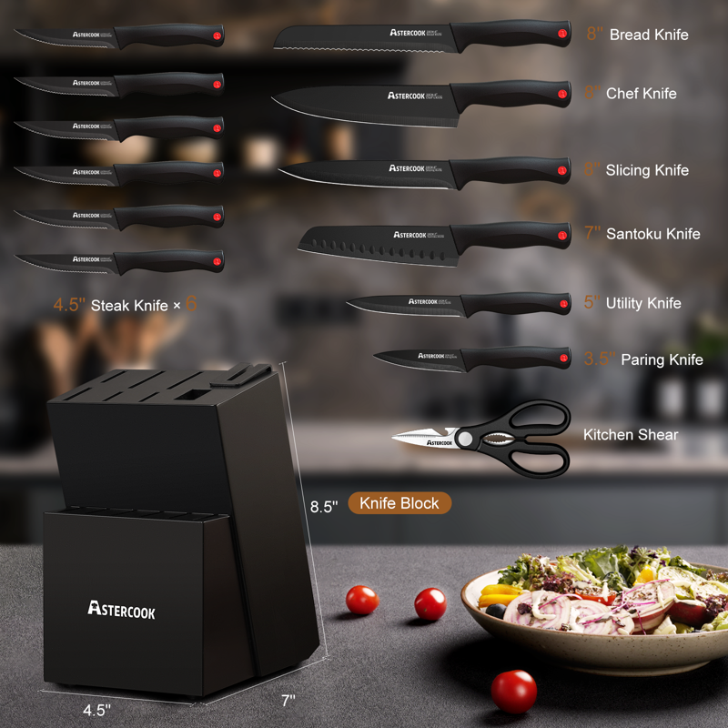 Astercook Kitchen Knife Set 14 Pcs Knives Block Set With Built-in Sharpener Healthy Anti-Rust Coating & German Stainless Steel Knife Set Dishwasher Safe Black
