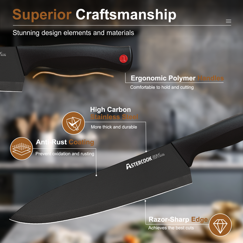 Astercook Kitchen Knife Set 14 Pcs Knives Block Set With Built-in Sharpener Healthy Anti-Rust Coating & German Stainless Steel Knife Set Dishwasher Safe Black