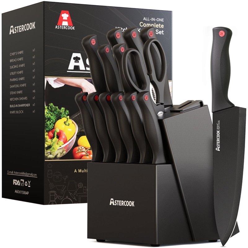 Astercook Kitchen Knife Set 14 Pcs Knives Block Set with Built-in Sharpener Healthy Anti-Rust Coating & German Stainless Steel Knife Set Dishwasher Safe Black