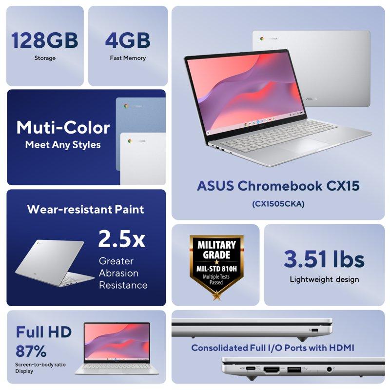 ASUS CX15 15.6 Inch FHD IPS Chromebook Laptop Intel Celeron N4500 4GB RAM 128GB EMMC Pure Gray
