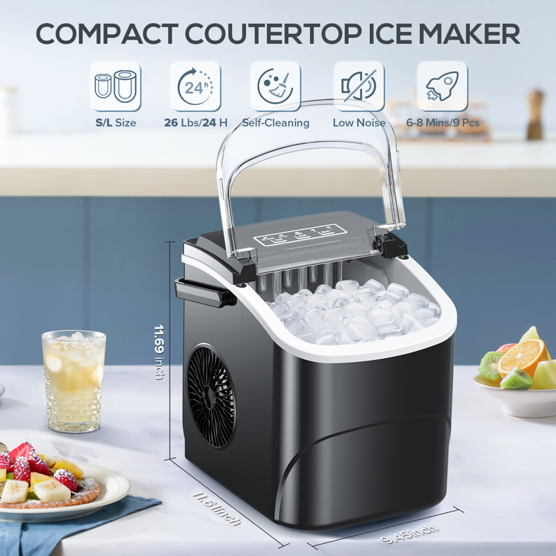 Auseo Countertop Ice Maker 2 Sizes Of Bullet Ice 26.5Lbs/24H 9 Ice Cubes In 6 Mins Portable Ice Machine With Self-Cleaning For Home/Party/Travel/Camping (Black)