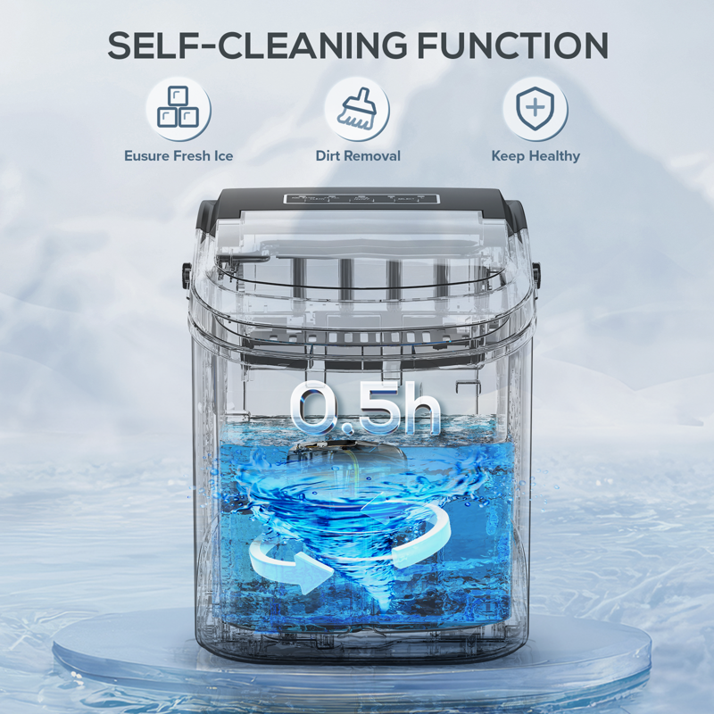Auseo Countertop Ice Maker 2 Sizes Of Bullet Ice 26.5Lbs/24H 9 Ice Cubes In 6 Mins Portable Ice Machine With Self-Cleaning For Home/Party/Travel/Camping (Black)