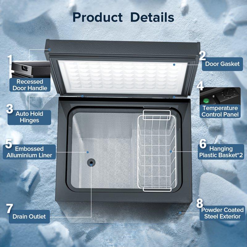 Auseo Mini Freezer Chest 3.5 Cu Ft Black Deep Freezer & Side Handle Compact Freezer With 7 Gear Adjustable Temperature Removable Storage Basket*2 Energy Saving