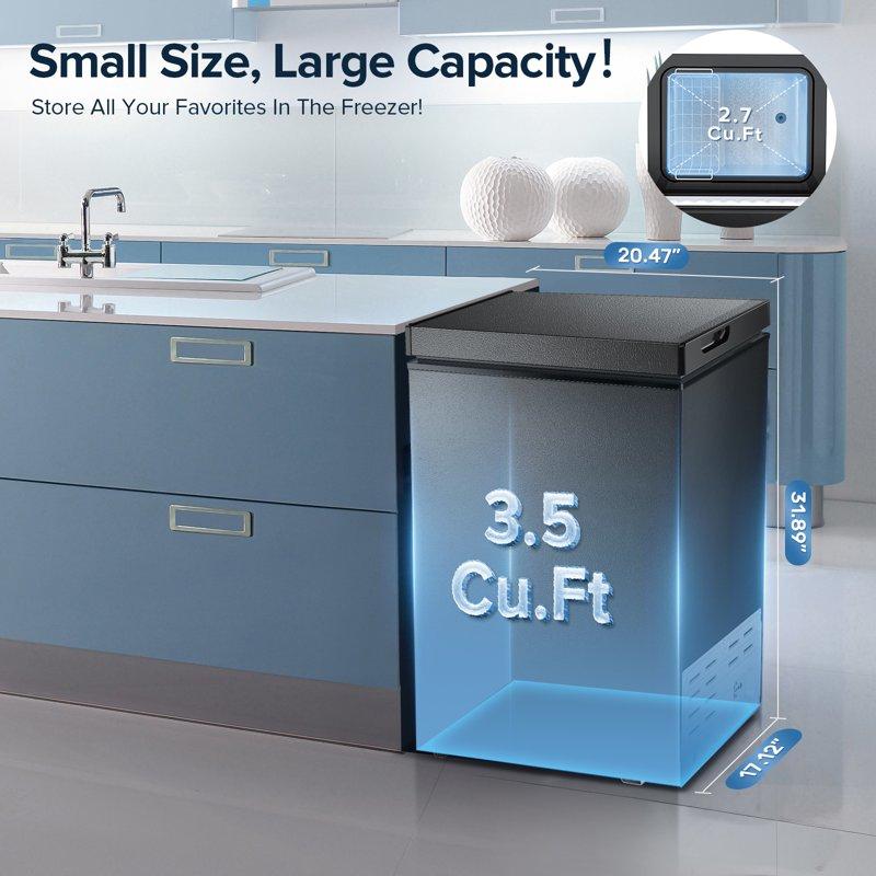 Auseo Mini Freezer Chest 3.5 Cu Ft Black Deep Freezer & Side Handle Compact Freezer With 7 Gear Adjustable Temperature Removable Storage Basket*2 Energy Saving