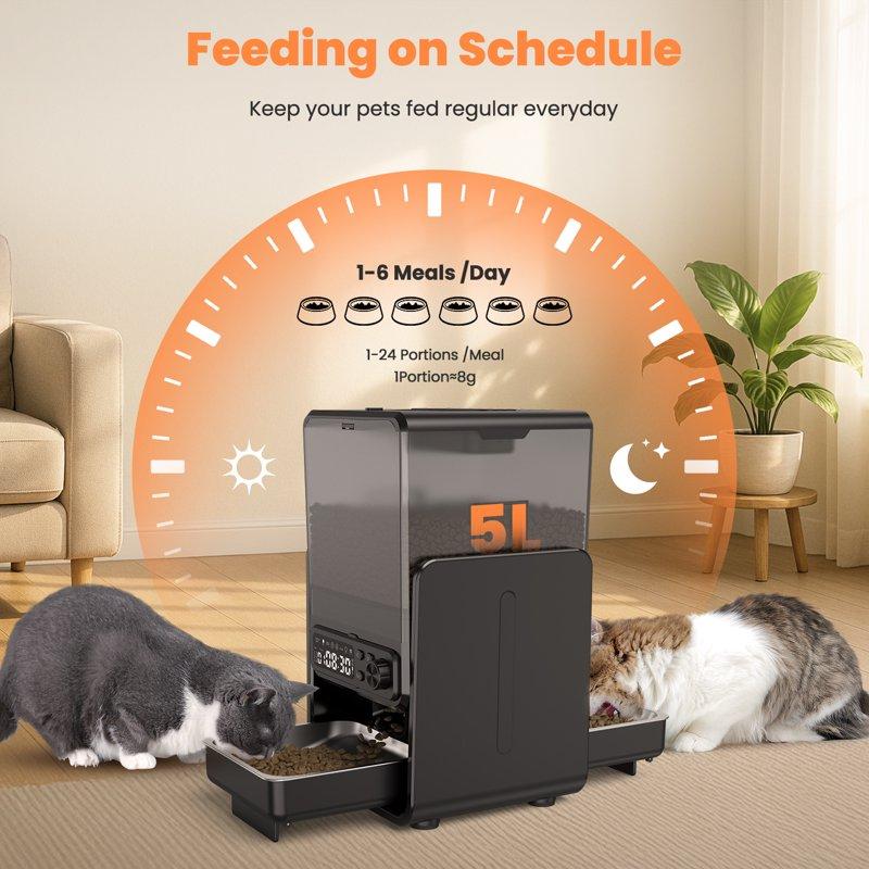 Automatic Cat Feeder Pet Feeder For 2 Cats/2 Small Dogs 5L/20 Cups 6 Meal/Day Elevated Timed Dog Food Dispenser With Dual Bowls Voice Call