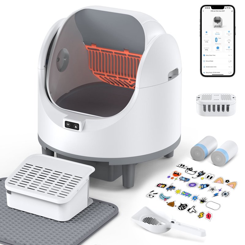 Automatic Cat Litter Box Self Cleaning 68L Open-Top Litter Box For Multi Cats APP Control Weight Monitoring Safety Sensor 8L Waste Bin Cat Litter Mat