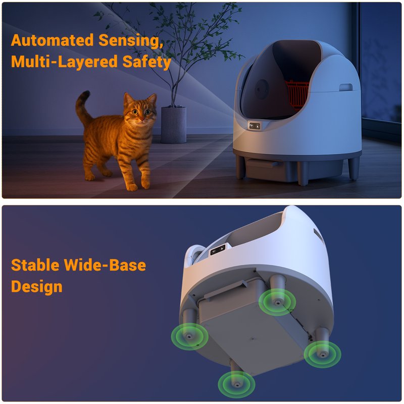 Automatic Cat Litter Box Self Cleaning 68L Open-Top Litter Box For Multi Cats APP Control Weight Monitoring Safety Sensor 8L Waste Bin Cat Litter Mat