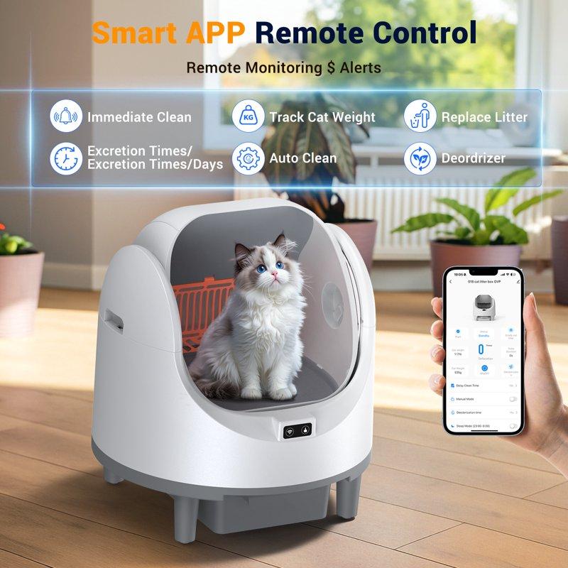 Automatic Cat Litter Box Self Cleaning 68L Open-Top Litter Box For Multi Cats APP Control Weight Monitoring Safety Sensor 8L Waste Bin Cat Litter Mat