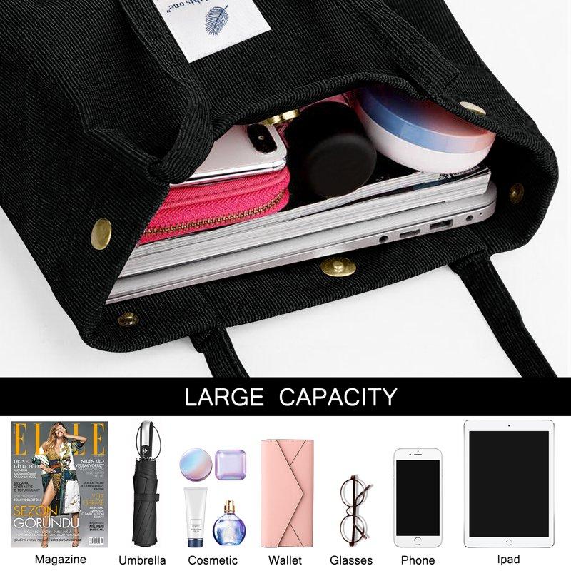 Ayieyill 2PCS Corduroy Tote Bag For Women Aesthetic Shoulder Handbags School Shopping Bag (Black + Beige)