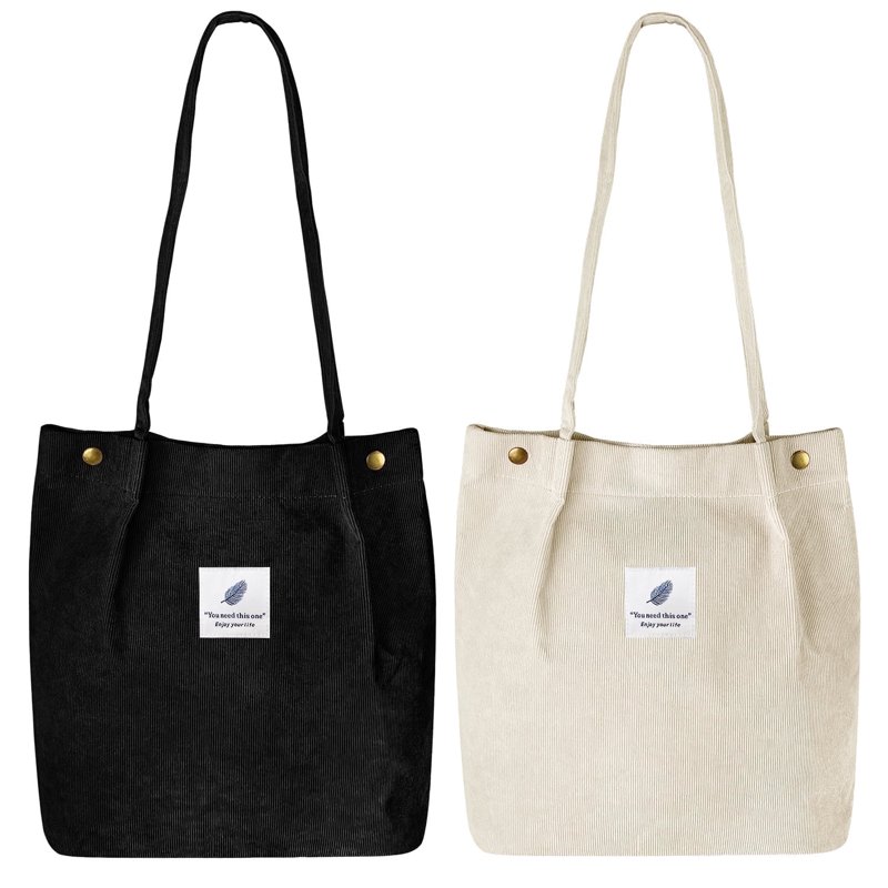 Ayieyill 2PCS Corduroy Tote Bag for Women Aesthetic Shoulder Handbags School Shopping Bag (Black + Beige)