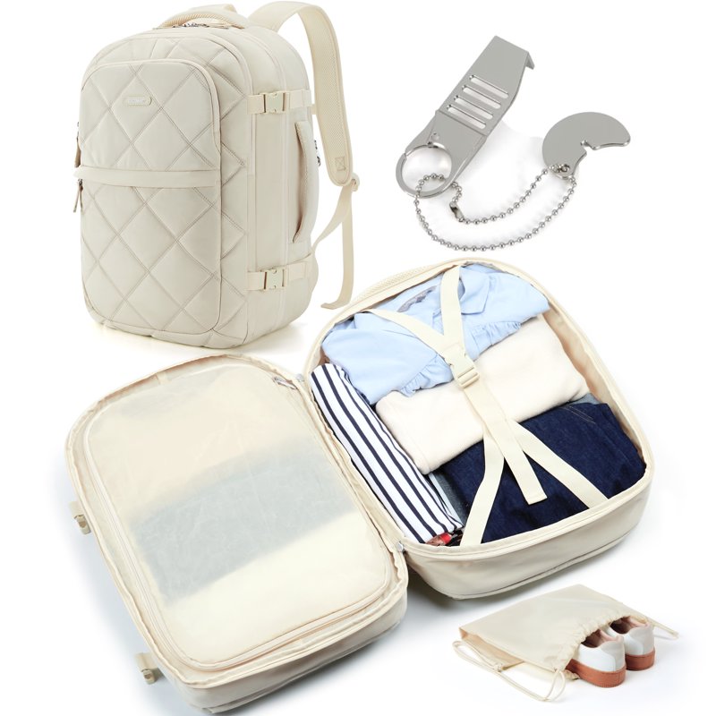 BAGSMART Travel Backpack 30L Flight Approved Carry on Backpack with Door Lock 17.3 Inch TSA Personal Item Backpack with Shoe Bag Suitcase for Travel Cream
