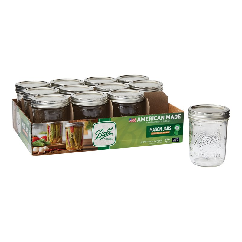 Ball 16 oz Mason Jars Wide Mouth 12pk Pint Canning Jars with Lids and Rings Bulk Ball Jars for Home Canning Meal Prep Overnight Oats and Iced Coffee