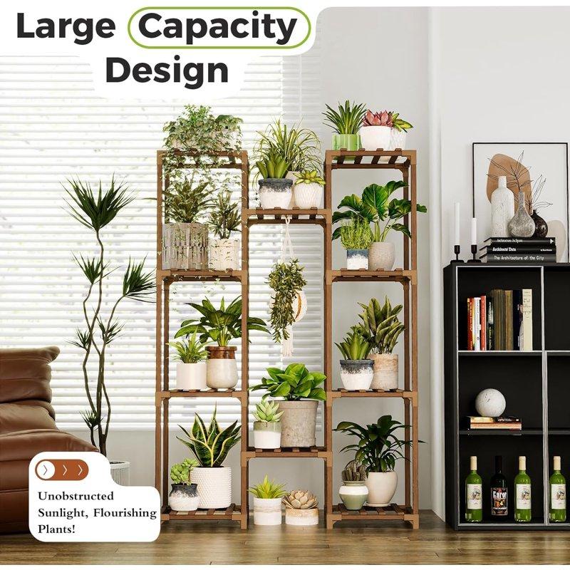 Bamworld Plant Stand Indoor Outdoor Hanging Plant Shelf Wood Flower Stand Tall Large Flower Holder For Living Room Patio Balcony Brown