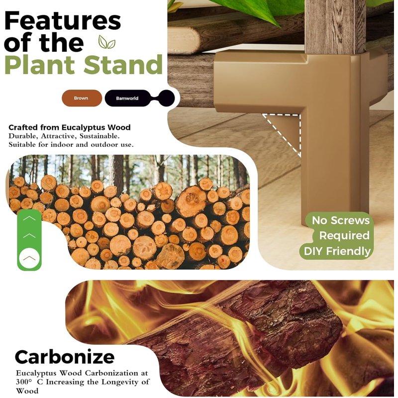 Bamworld Plant Stand Indoor Outdoor Hanging Plant Shelf Wood Flower Stand Tall Large Flower Holder For Living Room Patio Balcony Brown