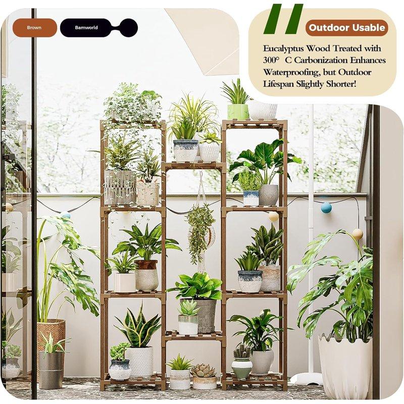 Bamworld Plant Stand Indoor Outdoor Hanging Plant Shelf Wood Flower Stand Tall Large Flower Holder For Living Room Patio Balcony Brown