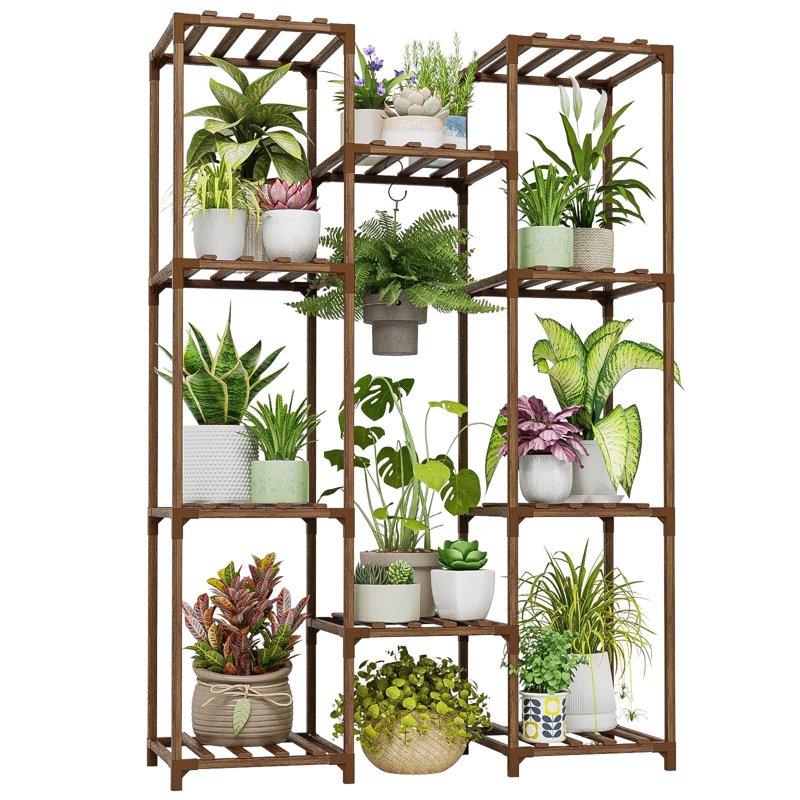 Bamworld Plant Stand Indoor Outdoor Hanging Plant Shelf Wood Flower Stand Tall Large Flower Holder for Living Room Patio Balcony Brown