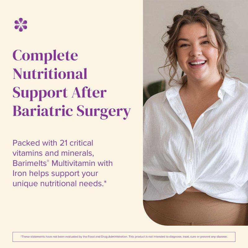 Barimelts Bariatric Multivitamin With Iron 60 Fast-Dissolving Tablets Post Weight Loss Surgery Patients Blueberry Flavored Dietary Supplements