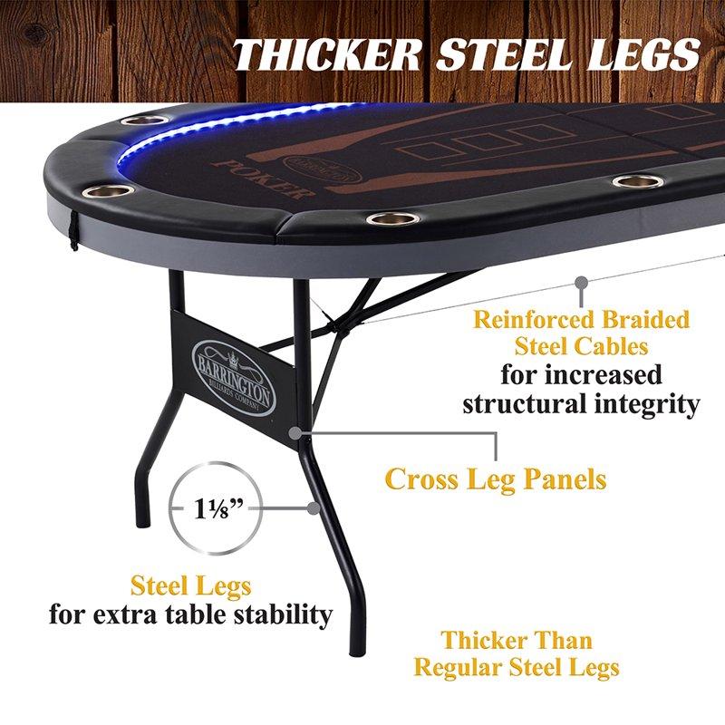 Barrington 10 Player Folding Poker Table With LED Lights – No Assembly Required Casino Style With Steel Cup Holders & Padded Rails