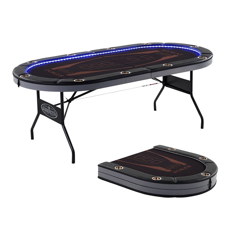 Barrington 10 Player Folding Poker Table with LED Lights – No Assembly Required Casino Style with Steel Cup Holders & Padded Rails