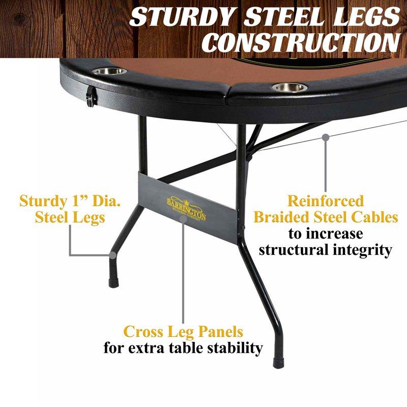 Barrington 10 Player Folding Poker Table With Steel Cup Holders & Padded Rails – No Assembly Required Casino Style Black/Brown