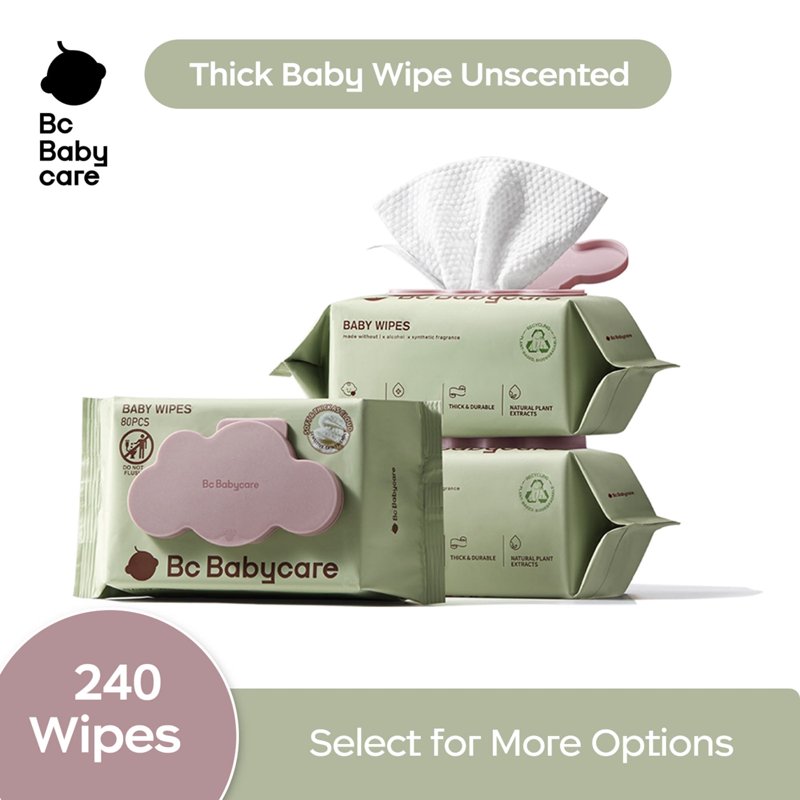 Bc Babycare Sensitive Baby Wipes Unscented XL Extra Thick Hypoallergenic 99% Water 240 Wipes 3 Refill Packs