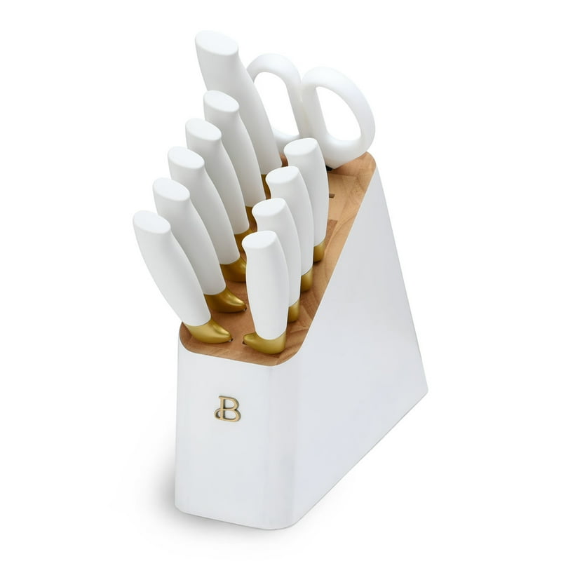 Beautiful 12 Piece Stainless Steel Knife Block Set Soft-Grip Handles White Icing By Drew Barrymore