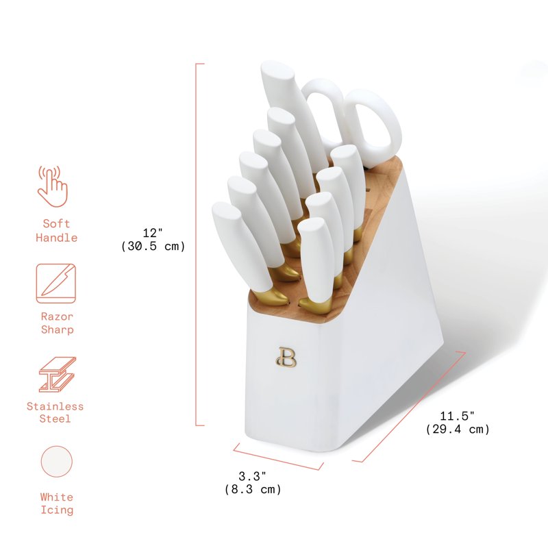Beautiful 12 Piece Stainless Steel Knife Block Set Soft-Grip Handles White Icing By Drew Barrymore