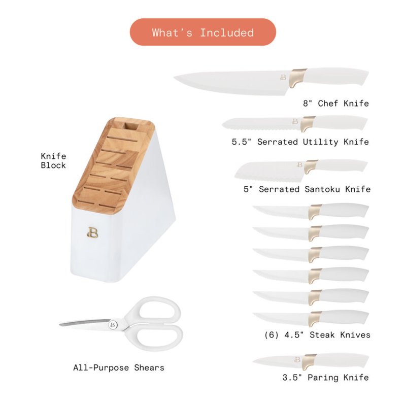 Beautiful 12 Piece Stainless Steel Knife Block Set Soft-Grip Handles White Icing By Drew Barrymore