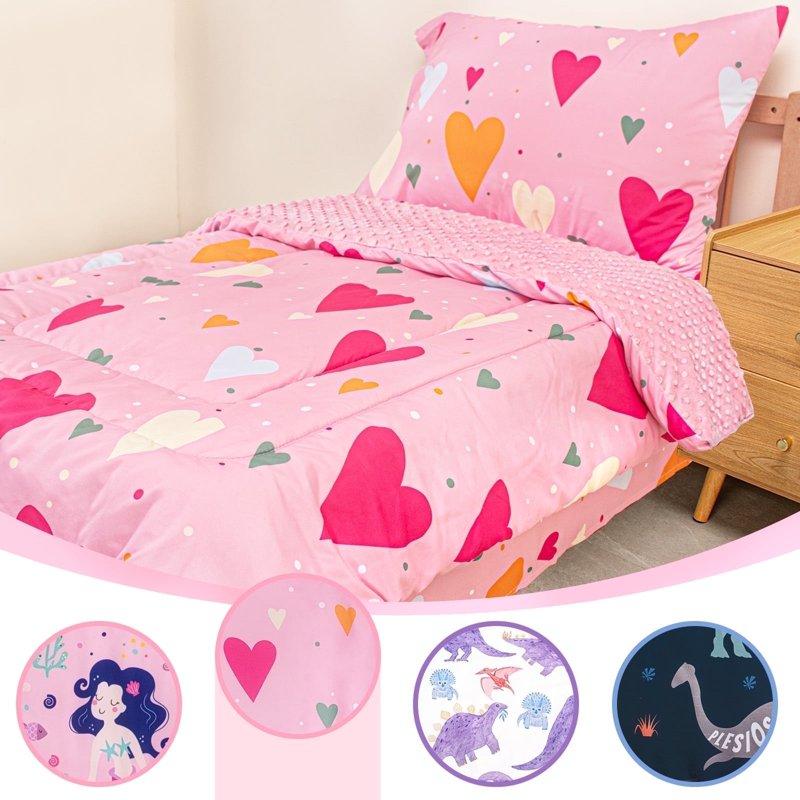 Beavtaens 4 Piece Toddler Bedding Set Breathable and Soft Baby Sheet Set Includes Quilted Comforter Flat Sheet Fitted Sheet and Pillowcase for Girls (Hearts)