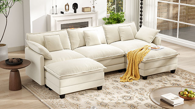 BedLuxury 111.5'' Modular Sectional Sofa With Movable Ottomans U Shaped Cloud Couch For Living Room 3-Seat Beige